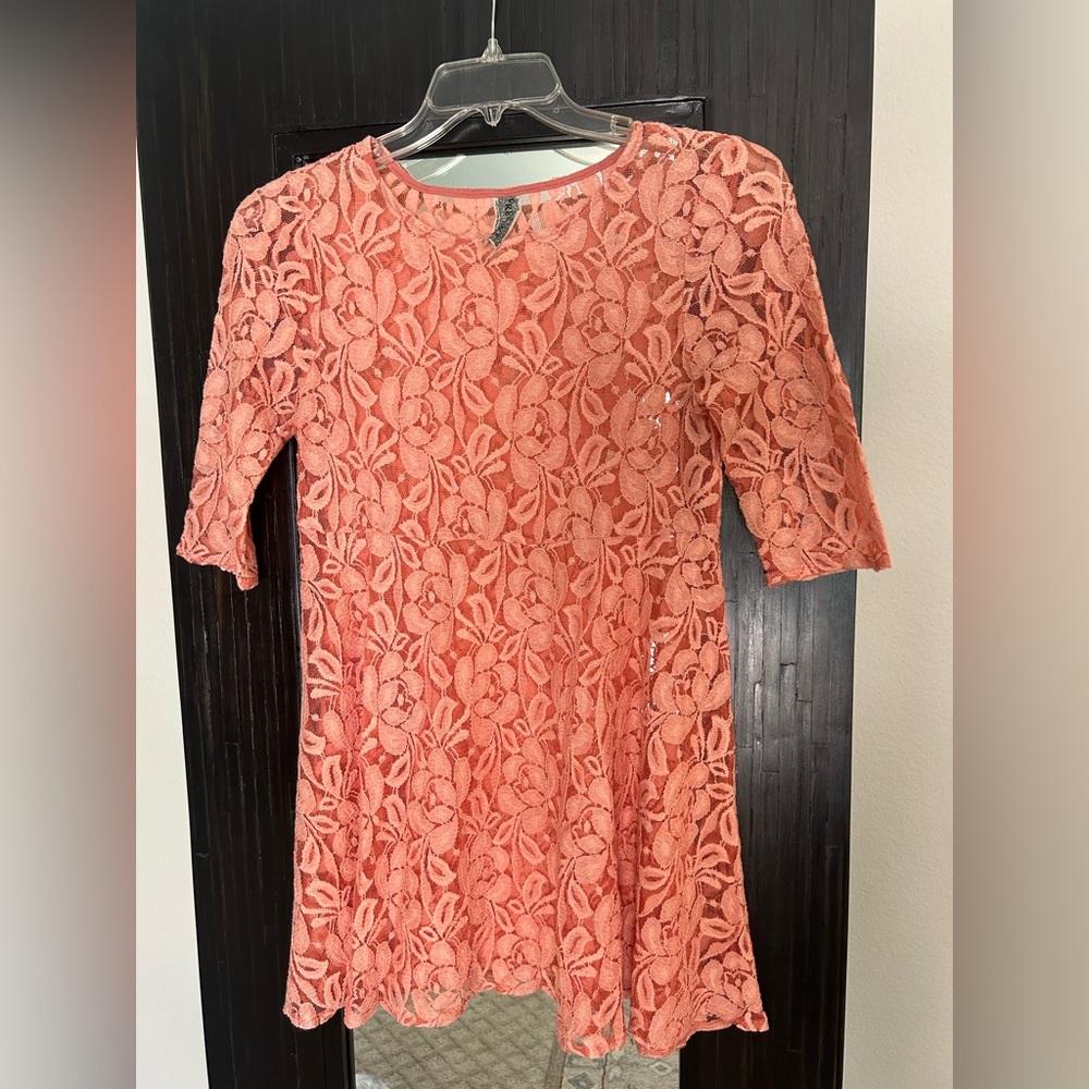 Vintage Free People Orange Sheer Lace Mini Dress Size Small